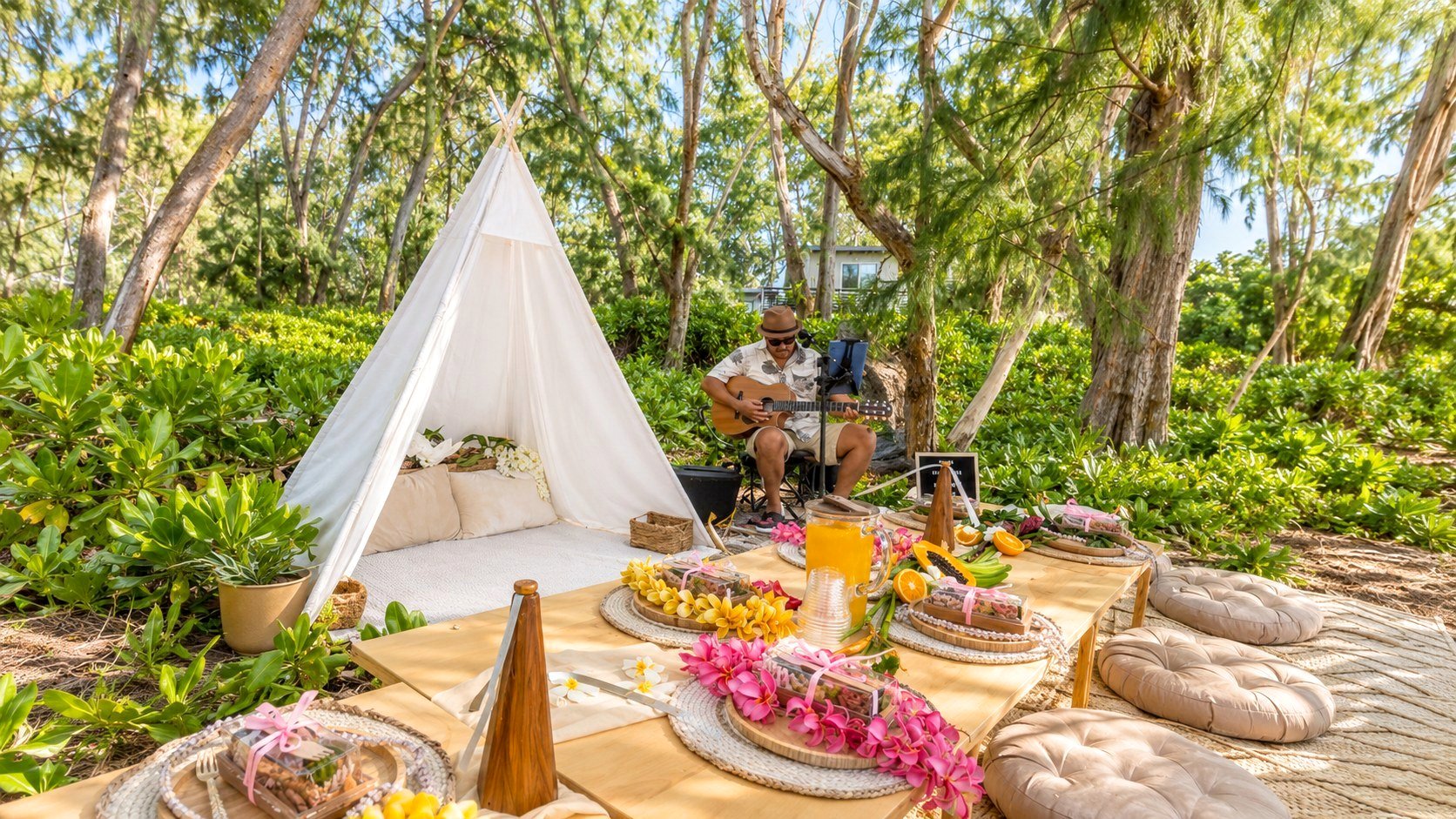 Teepee lounge and tropical tablescape in a shaded grove with a live ukulele player