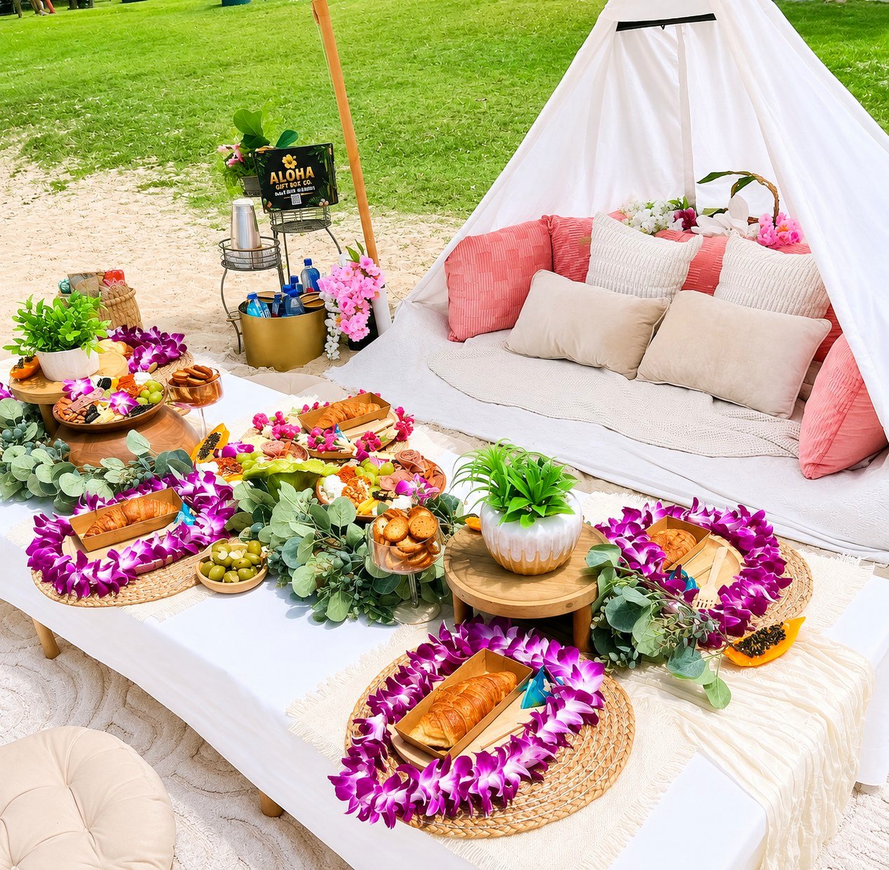 Grazing table wrapped in purple orchid leis beside a pink-pillow teepee