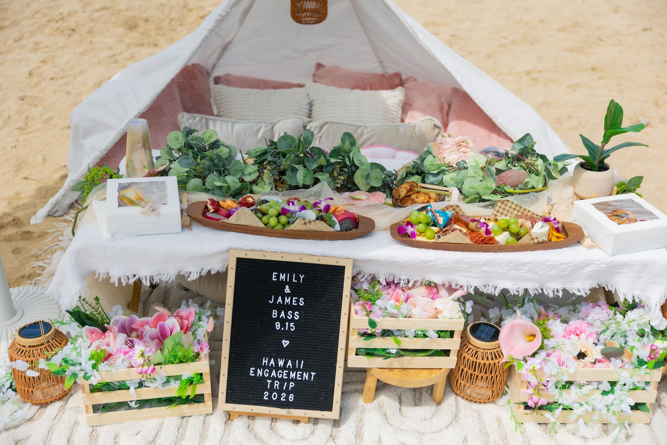 Tropical grazing boards, florals and the custom letterboard sign