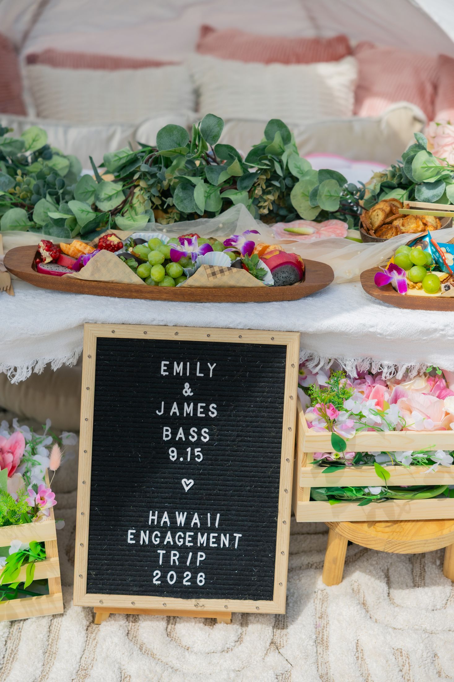 Custom letterboard reading Emily and James, Hawaii engagement trip 2026