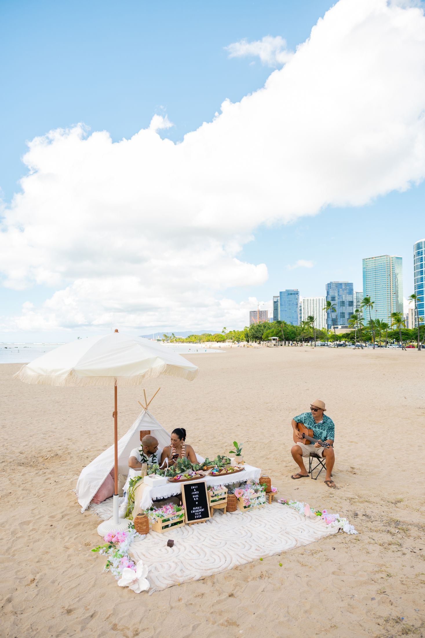 Wide view of the picnic and live musician with the city skyline