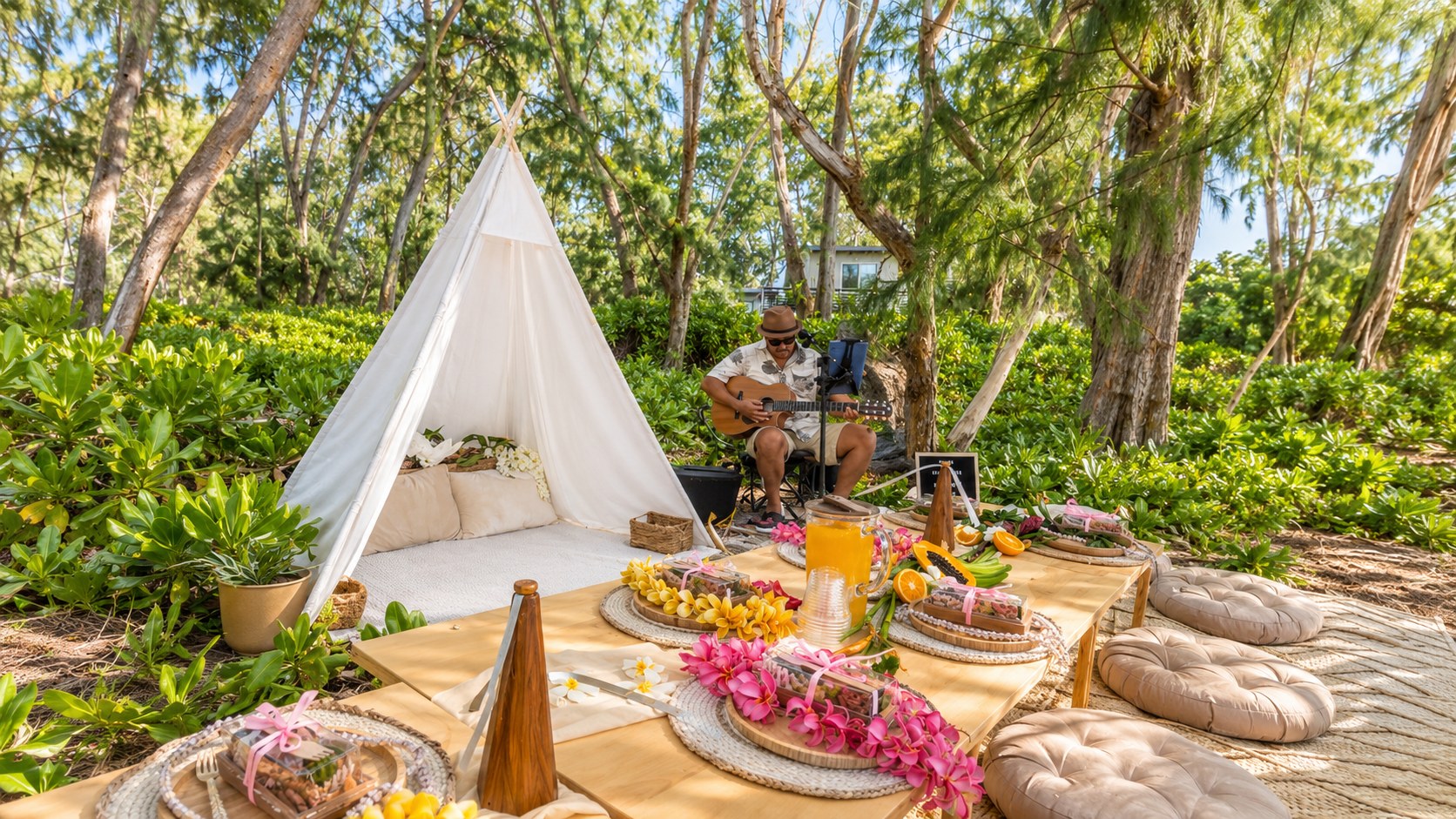 A styled teepee lounge with live music at an Oahu Paradise Picnic event